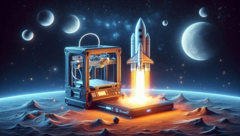 Artistic depiction of a 3D printer assisting a space shuttle takeoff on an alien planet.