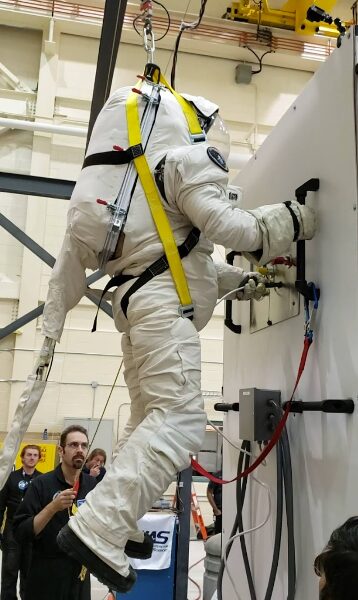 Photo of Dr. Pandya training in spacesuit.