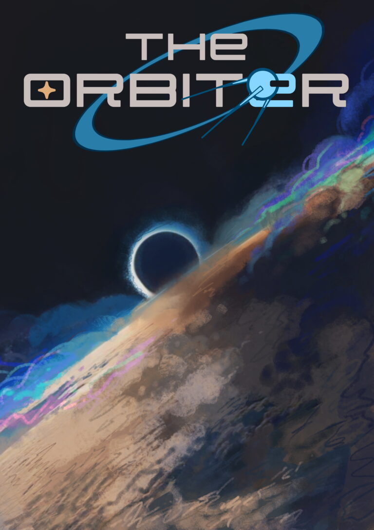 Artistic cover for magazine representing space, including logo for The Orbiter